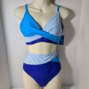 Cupshe Bikini Set Swimsuit Size Large Blue High Waisted Twist Front V Neck